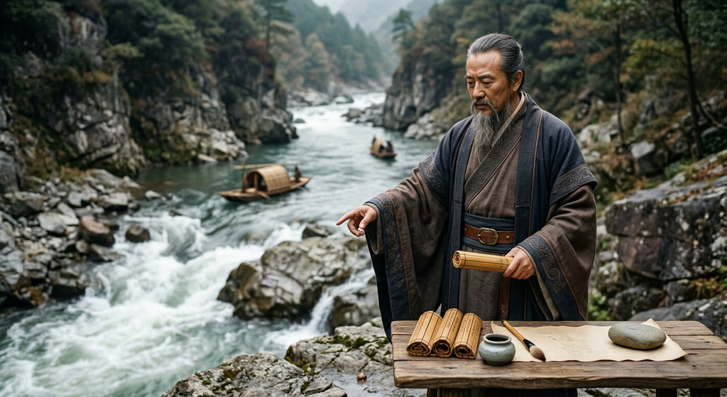 A powerful river flows swiftly through a steep, rocky gorge in ancient China.