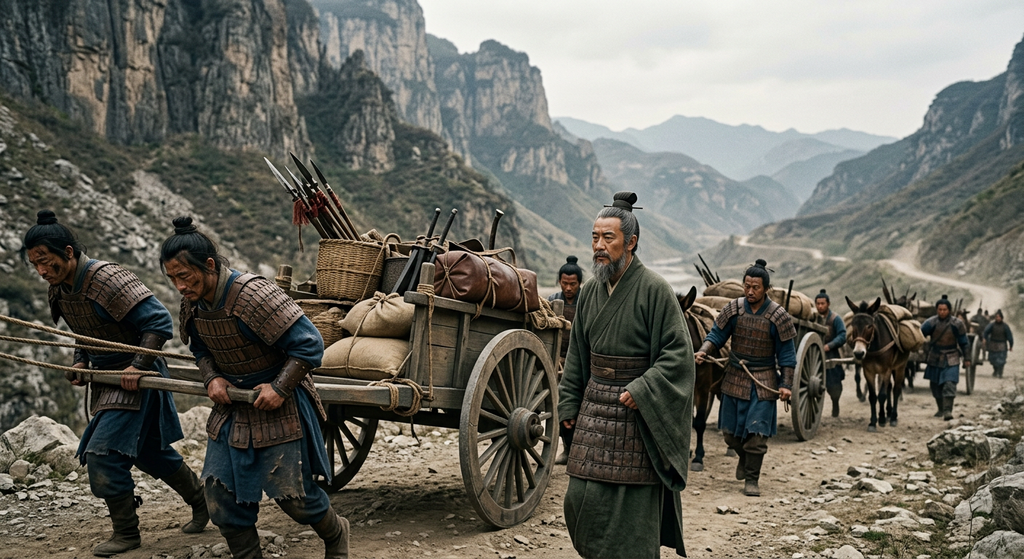 Weary soldiers haul wooden supply carts up a narrow mountain pass.