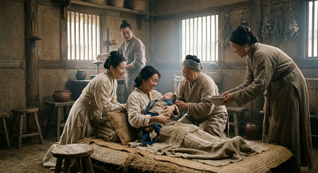 Villagers gather among wooden houses in an ancient Chinese settlement during the 6th century BC.