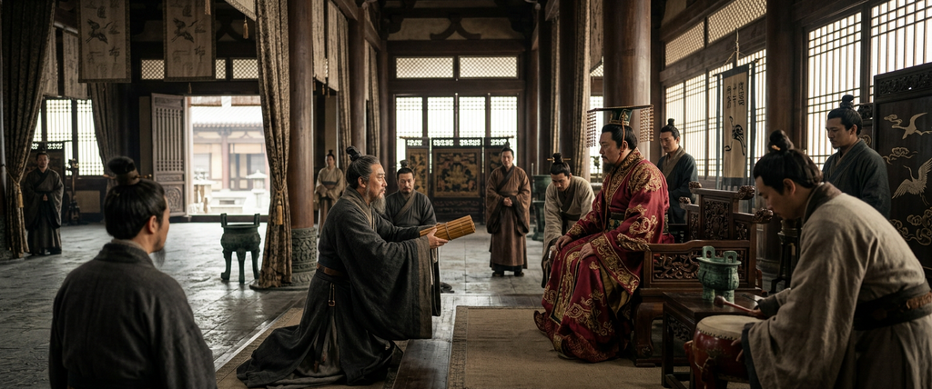 A bearded general presents bamboo scrolls to a king seated on a throne in an ornate royal court.