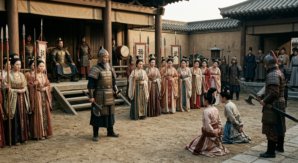 Sun Tzu addresses a group of royal concubines during a military drill in a palace courtyard.