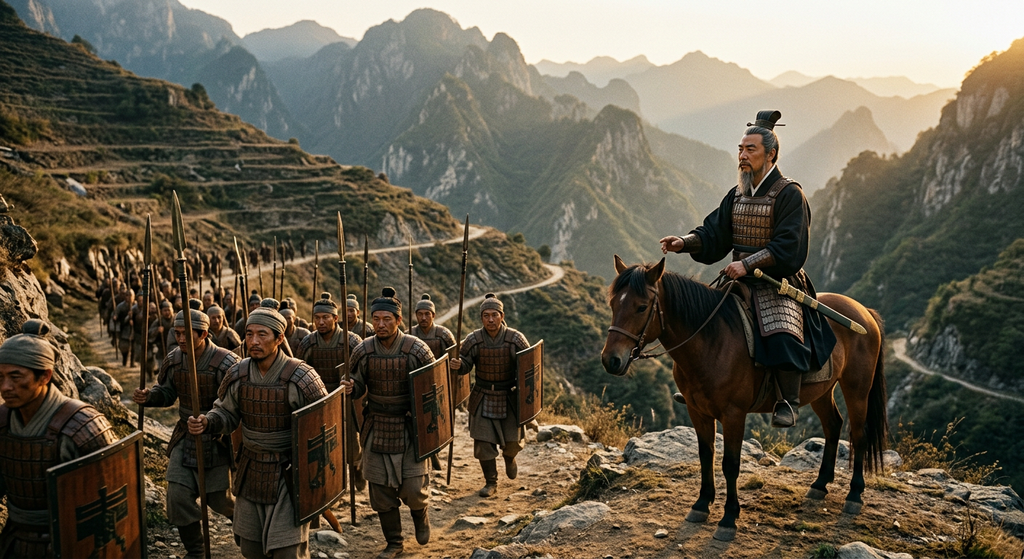 Sun Tzu leads soldiers carrying bronze weapons through rugged mountainous terrain.