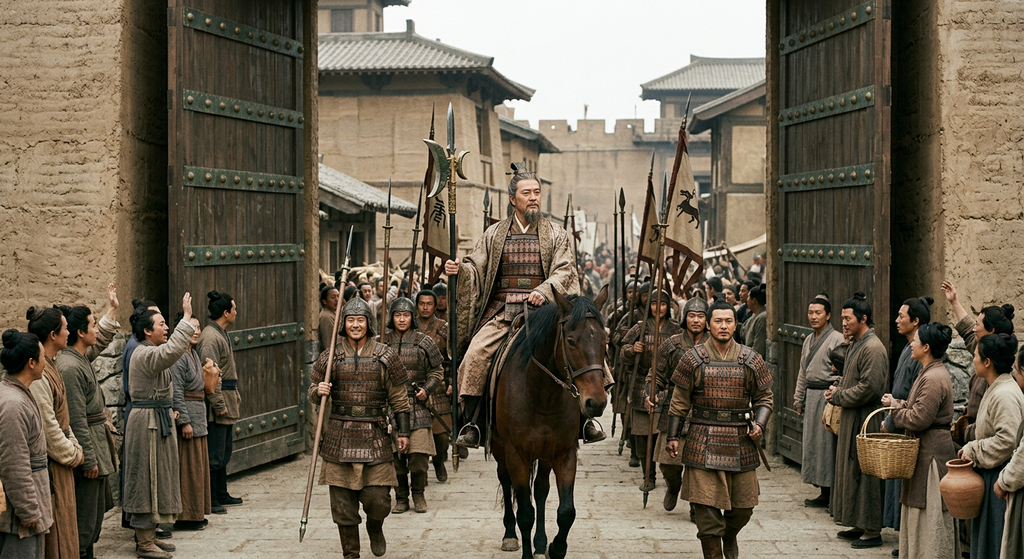 Victorious troops march through the massive wooden gates of an ancient walled Chinese city.
