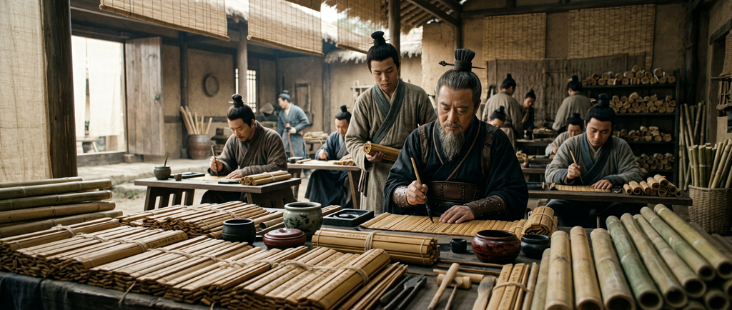 Ancient scholars use ink brushes to write characters on bamboo strips bound together.