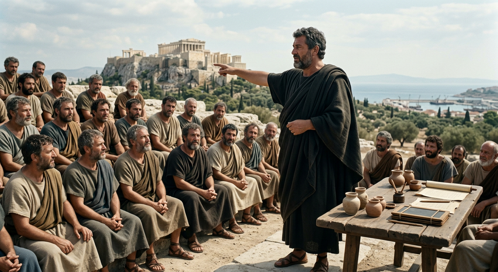 Themistocles gestures toward the distant sea while speaking to an assembly gathered outdoors at the Pnyx.