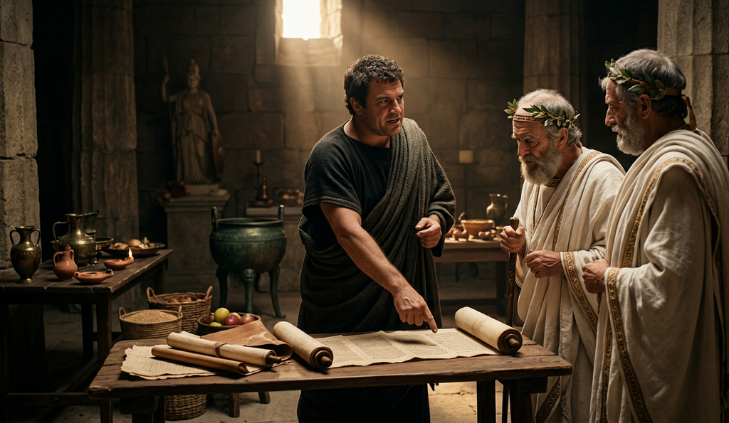 Themistocles debates the text of an open scroll before priests inside a stone temple sanctuary.