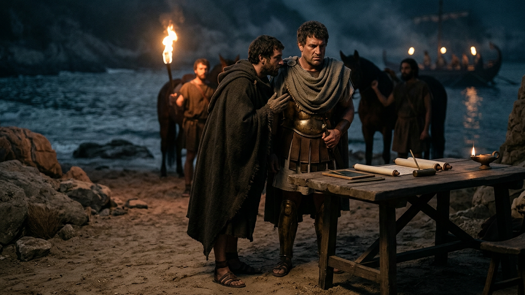 By torchlight along the shore, a cloaked messenger sent by Themistocles confers quietly with a Persian commander.