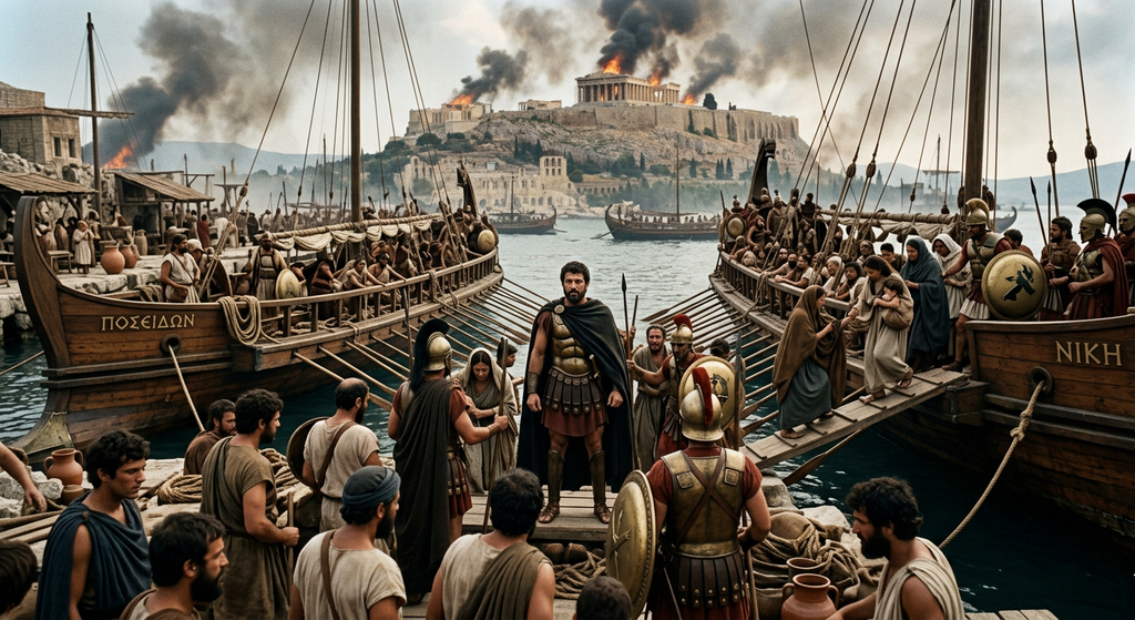 Themistocles watches Athenian citizens board wooden warships as smoke rises from the distant Acropolis.