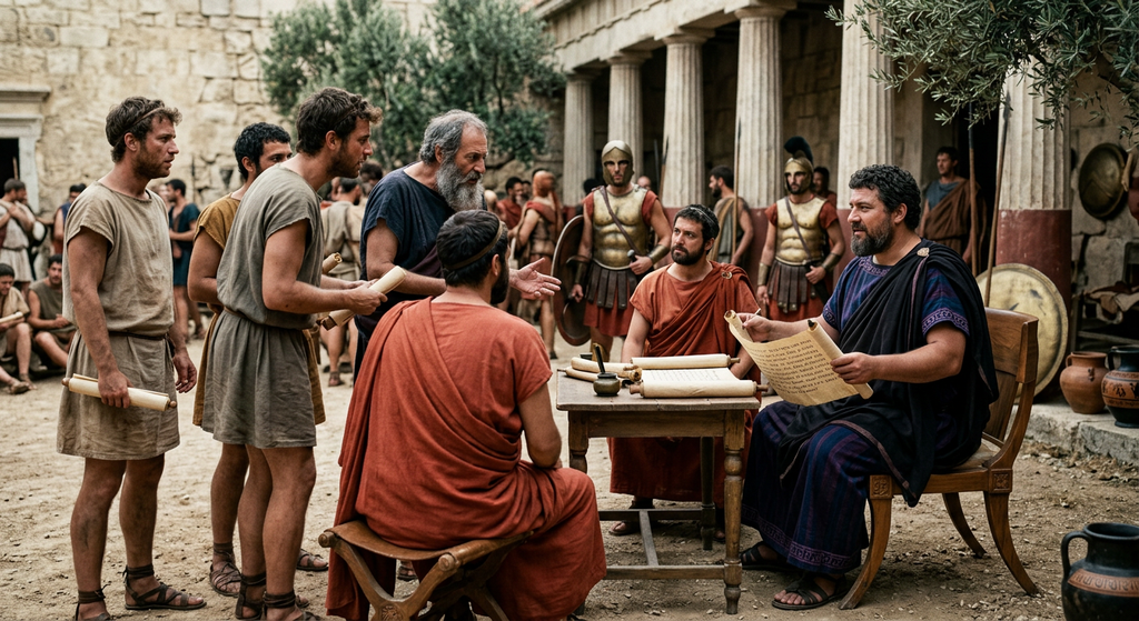 Themistocles sits serenely in a Spartan courtyard as bewildered messengers arrive with urgent reports.