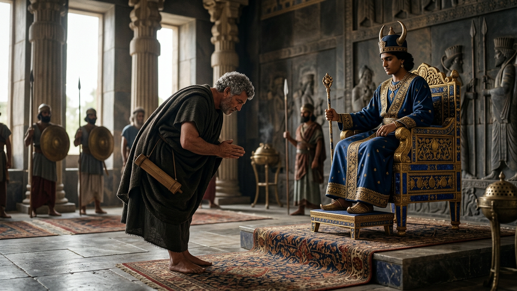 An older Themistocles bows respectfully before a young Persian king seated inside an opulent throne room.
