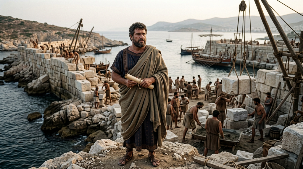 Themistocles inspects stone foundations along the waterfront in the ancient harbor of Piraeus.