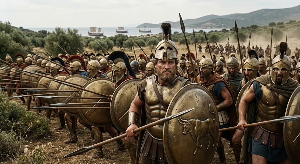 Themistocles stands among Greek hoplites equipped with bronze armor and spears in a phalanx formation.