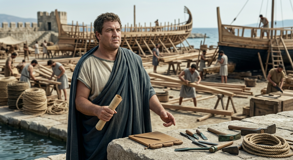 Themistocles watches workers assemble wooden trireme warships in an ancient Athenian shipyard.