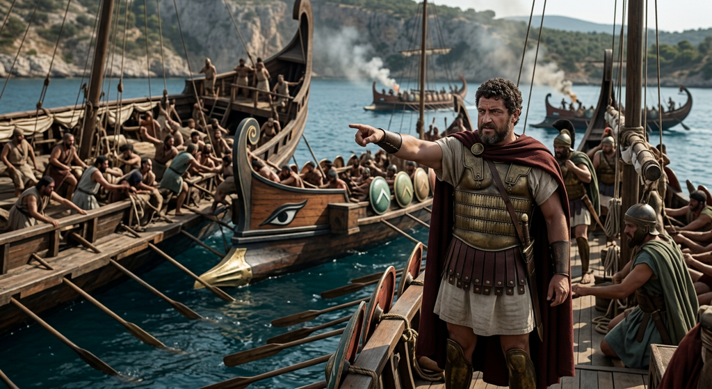 Themistocles observes Greek and Persian warships ramming each other in the narrow waters off Salamis.