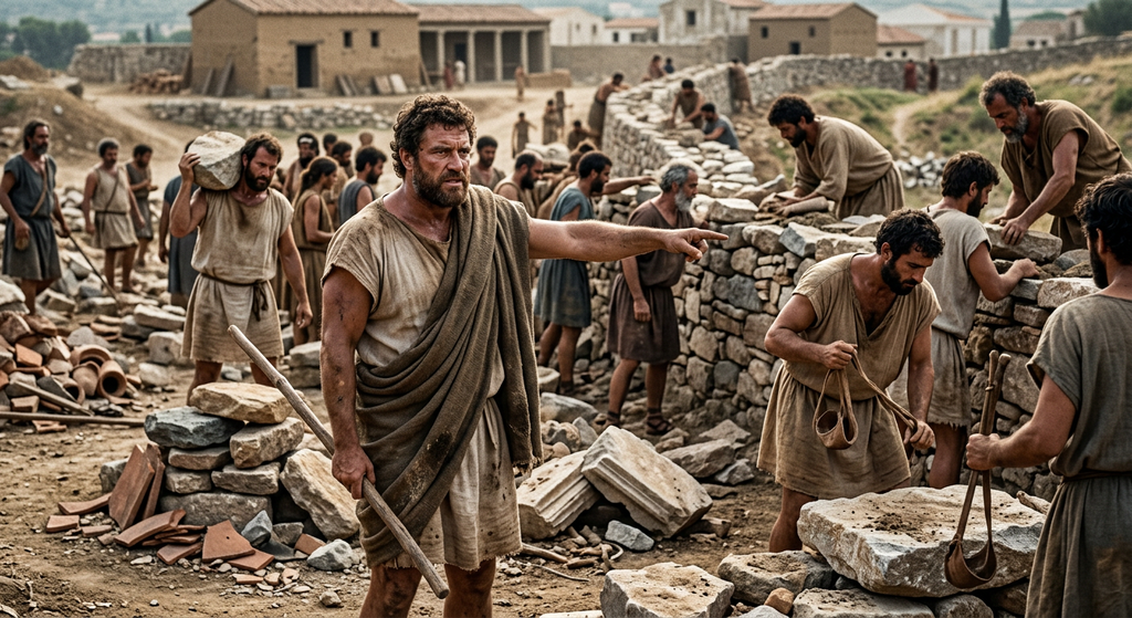 Themistocles directs Athenian citizens as they stack stone blocks and rubble to build defensive walls.
