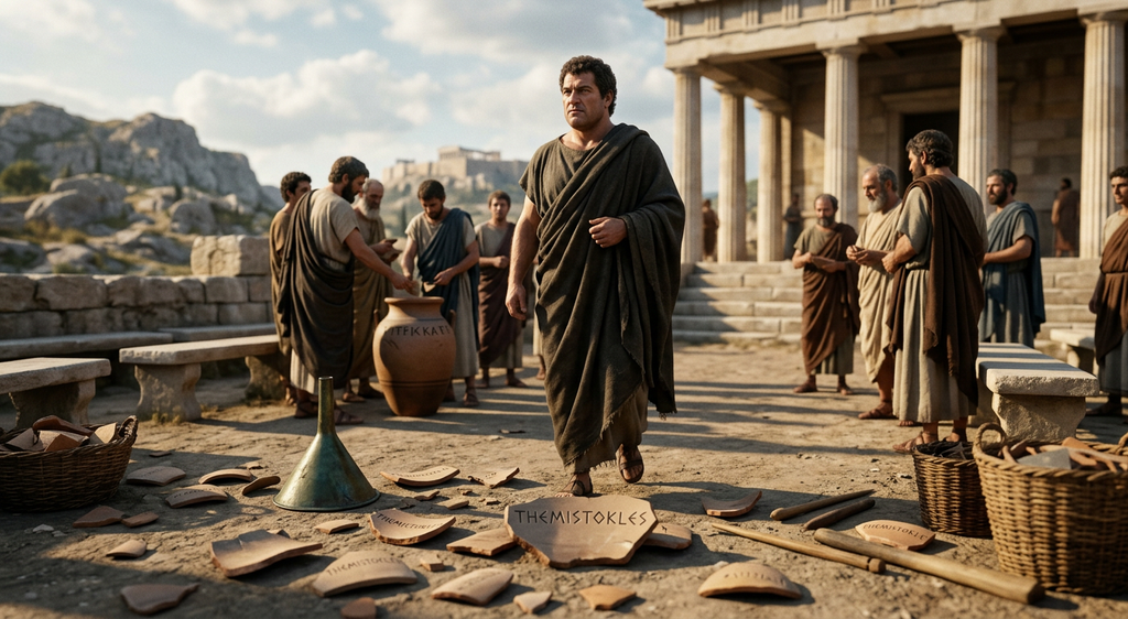 Pottery shards inscribed with the name of Themistocles lie scattered on stone ground near the statesman.
