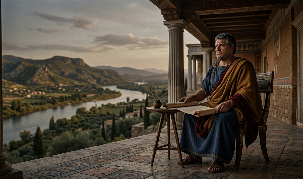 Themistocles stands at a grand Persian estate in Asia Minor, looking out over a river landscape.