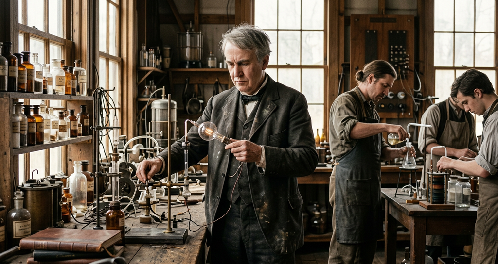 Thomas Edison works alongside men wearing aprons inside a workshop lined with glass bottles.