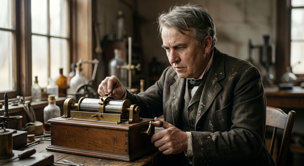 Thomas Edison inspects a brass and wooden device featuring a hand crank and a tinfoil cylinder.