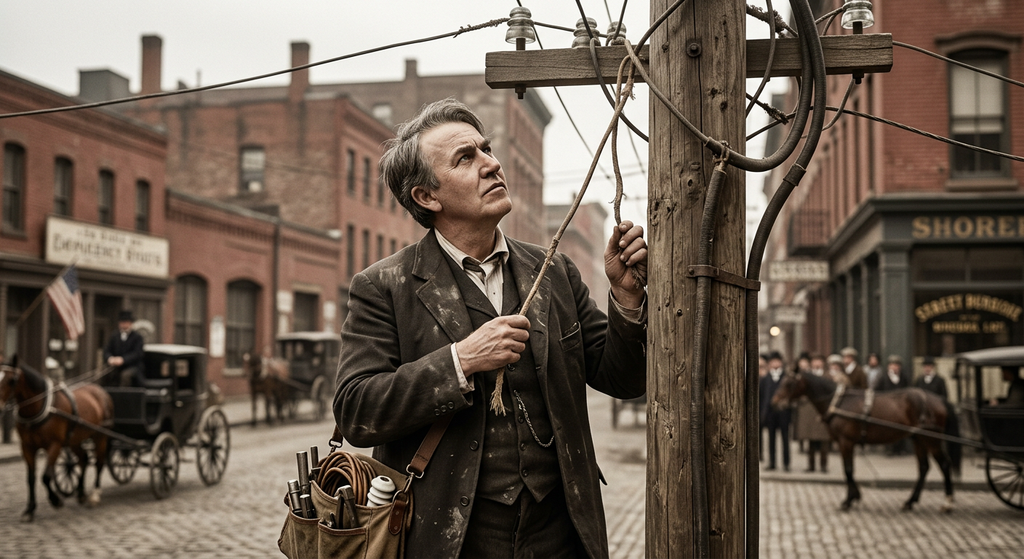 Thomas Edison looks up at early electrical wires suspended from a wooden street pole.
