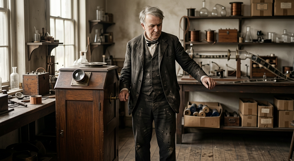 Thomas Edison stands beside a tall wooden motion picture cabinet with a top viewing lens.