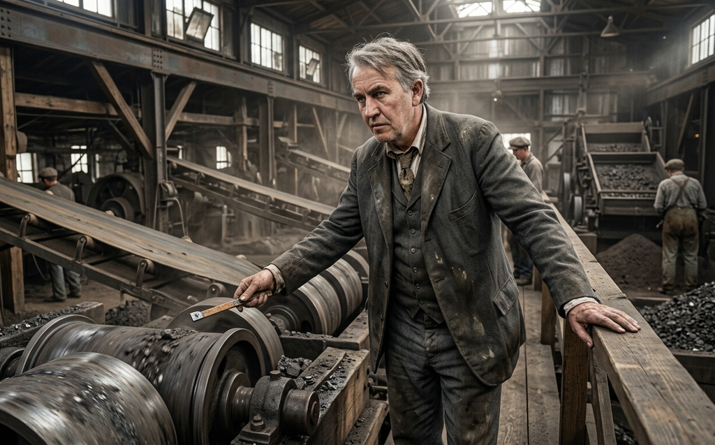 Thomas Edison inspects massive iron crushing rollers and conveyor belts inside a dusty milling plant.