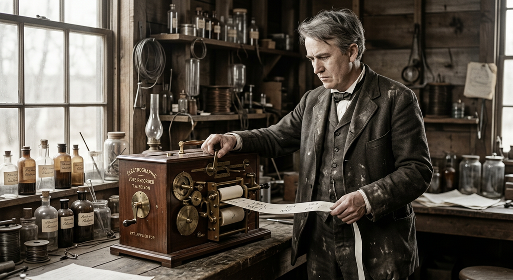Thomas Edison stands in a suit beside a wooden and brass mechanical vote recording machine on a table.