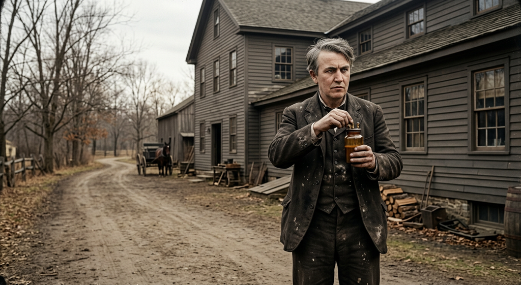 Thomas Edison stands outside a large wooden laboratory building beside dirt roads and bare trees.