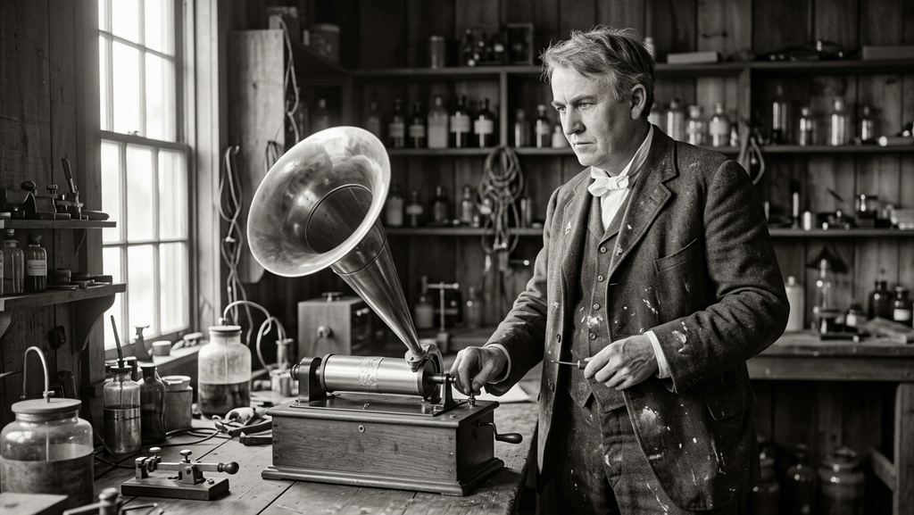 Thomas Edison stands beside an early tinfoil phonograph equipped with a large brass horn.