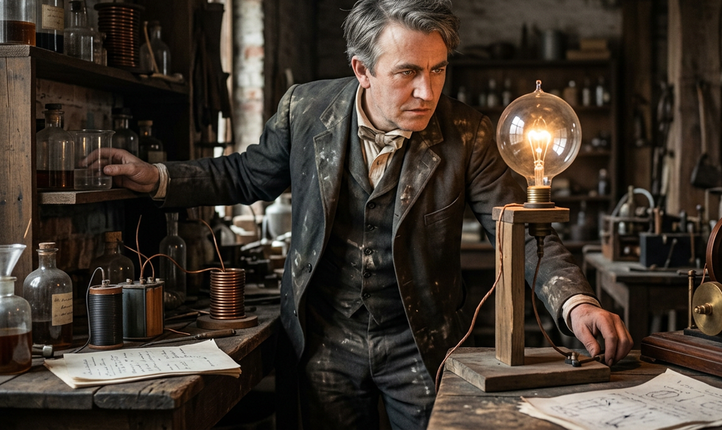 Thomas Edison leans in close near a glowing carbon filament light bulb in a dark laboratory.