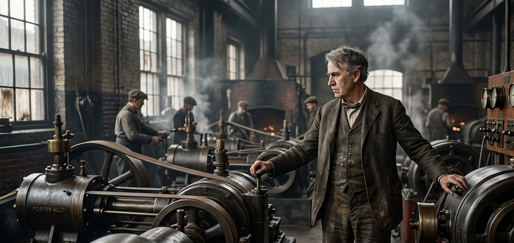 Thomas Edison watches massive steam engines and dynamos inside a nineteenth-century power station.