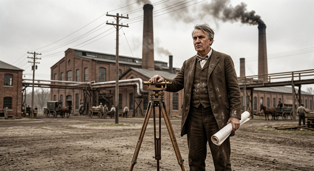 Thomas Edison stands before a large brick industrial complex with tall smokestacks in New Jersey.