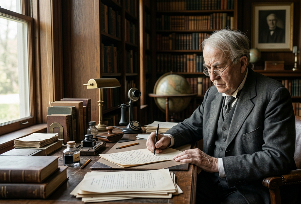 Thomas Edison sits at a wooden desk in a quiet library filled with books and soft light.