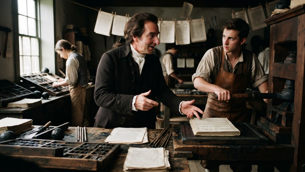 Thomas Paine oversees the production of Common Sense pamphlets in a busy 18th-century printing shop.