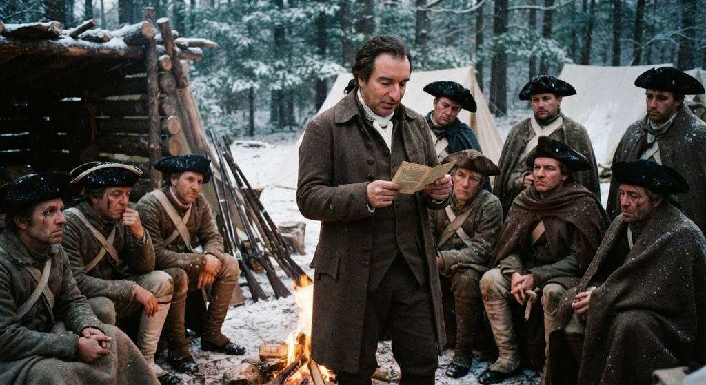 An officer reads a pamphlet aloud to Continental Army soldiers gathered around a campfire in the snow.