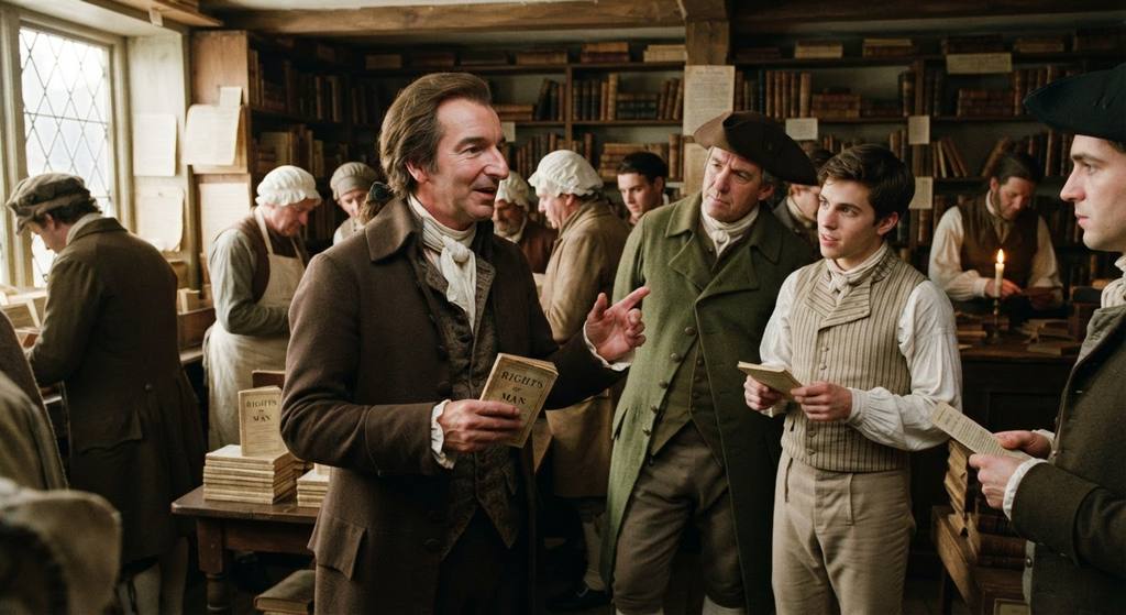 Thomas Paine observes customers discussing his Rights of Man pamphlet in a crowded London bookshop.