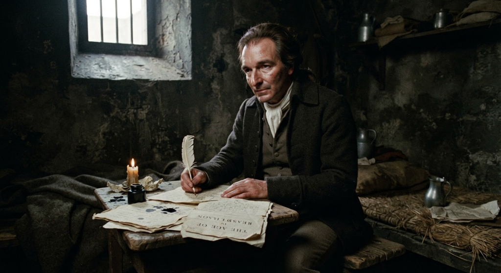 Thomas Paine sits at a small desk in a dim French prison cell, working on handwritten manuscripts.