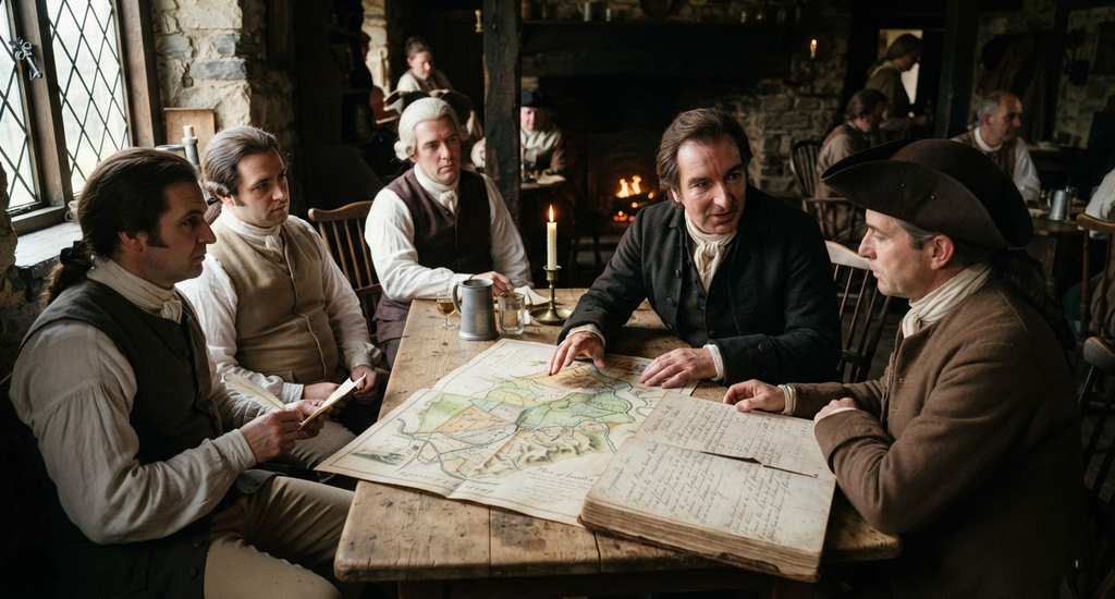 Thomas Paine reviews a detailed 18th-century land map and an economic ledger on his desk.
