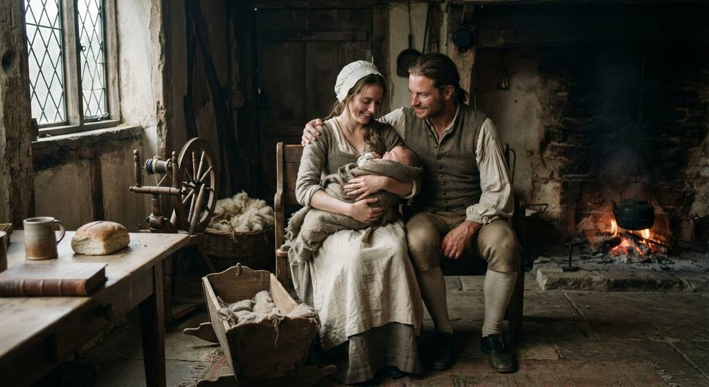A family stands outside modest brick buildings in an English town under a gray sky, celebrating the birth of a newborn infant.