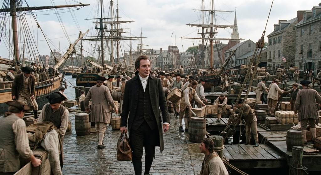 Thomas Paine stands on a wooden pier in 18th-century Philadelphia, with sailing ships docked in the harbor behind him.
