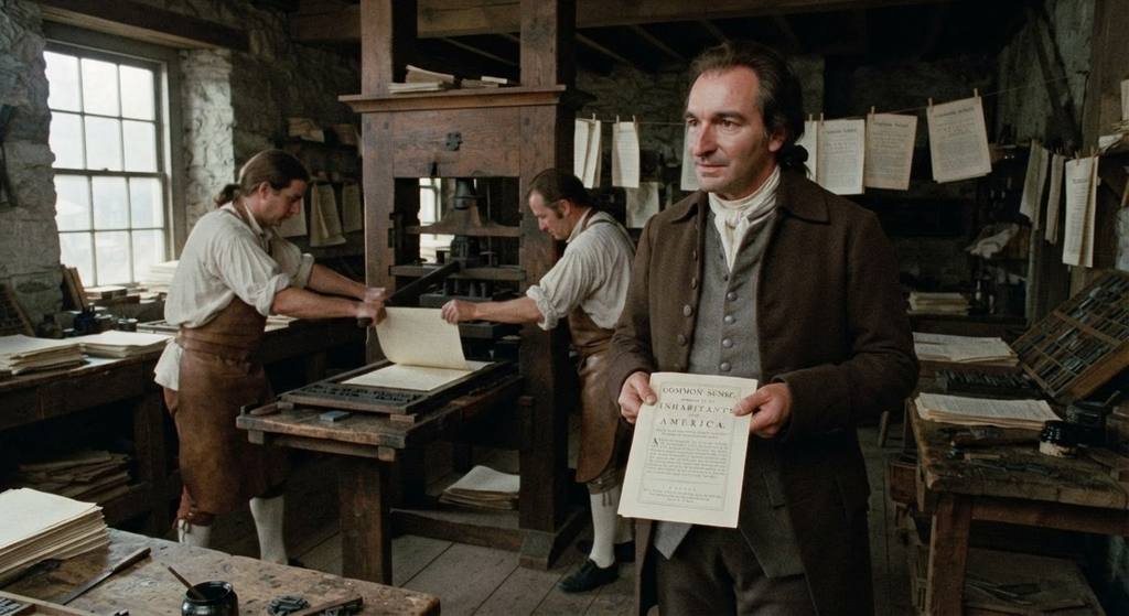Thomas Paine stands near a wooden printing press in a workshop, with freshly inked pamphlets laid out on a table.