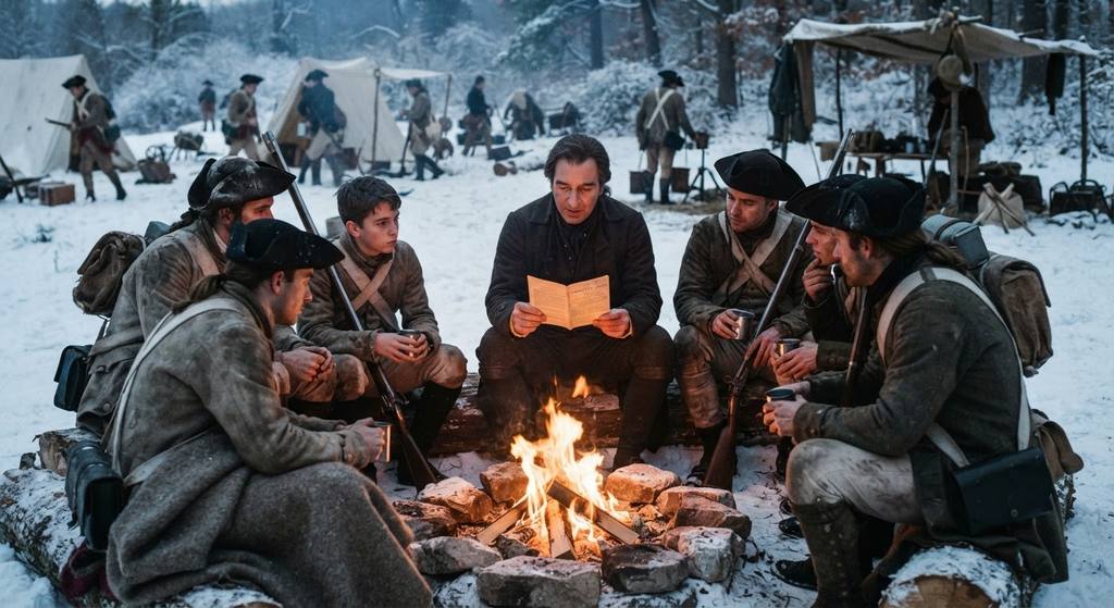 Continental Army soldiers huddle around a winter campfire, reading a printed essay by the light of the flames.