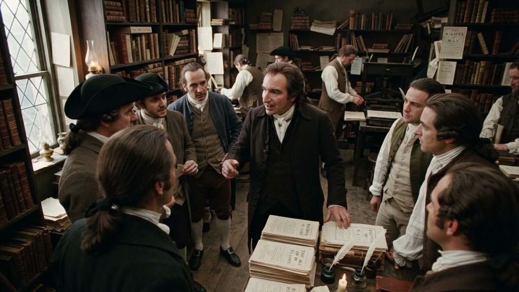 Customers engage in a heated debate inside a bustling 18th-century London bookshop filled with bound pamphlets.