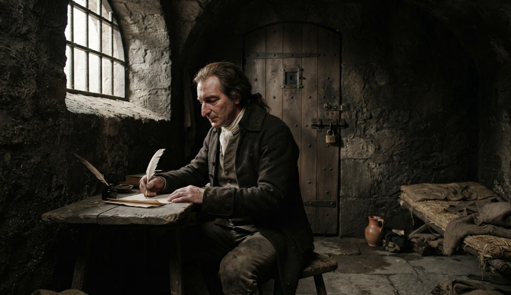 Thomas Paine sits in a stone prison cell in Paris, illuminated by light from a high, barred window.