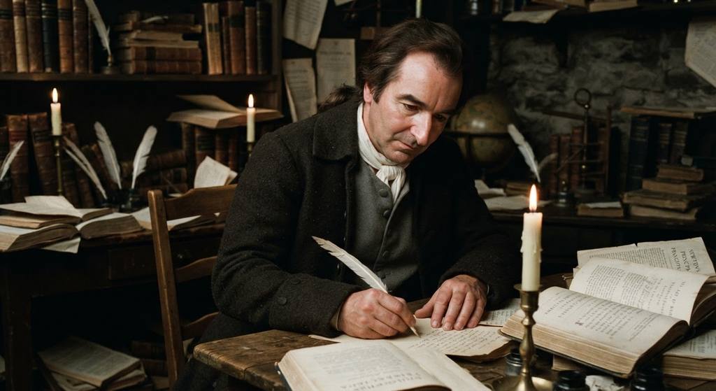 Thomas Paine writes by candlelight at a desk cluttered with scientific books and manuscripts.