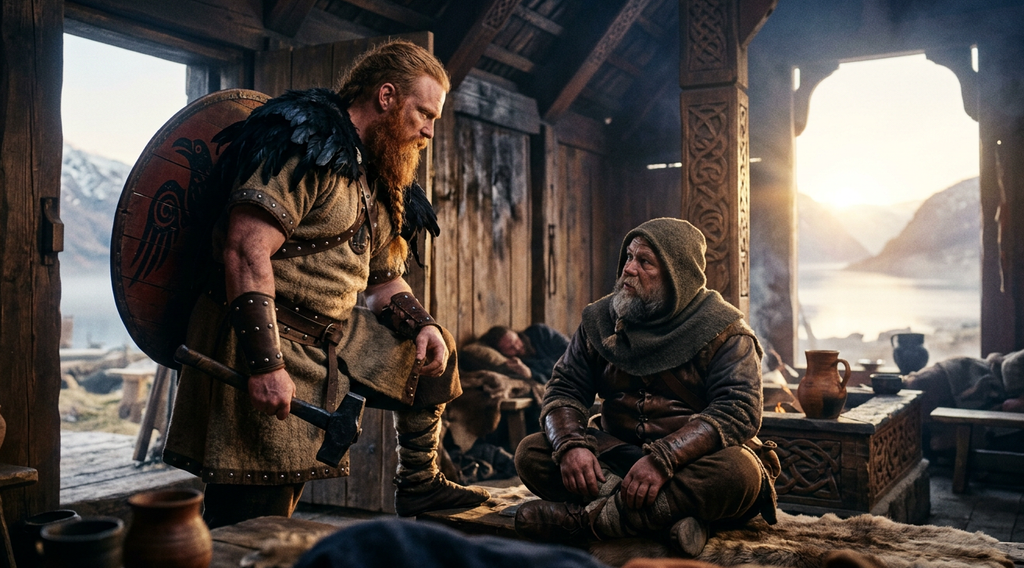 Morning light streams through a doorway into a wooden hall where a red-bearded warrior looms over a small dwarf.