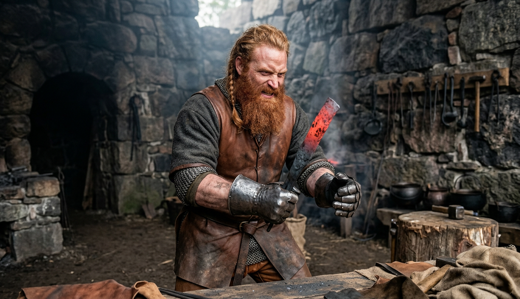 A muscular man wearing iron gauntlets catches a red-hot iron projectile inside a dark stone hall.