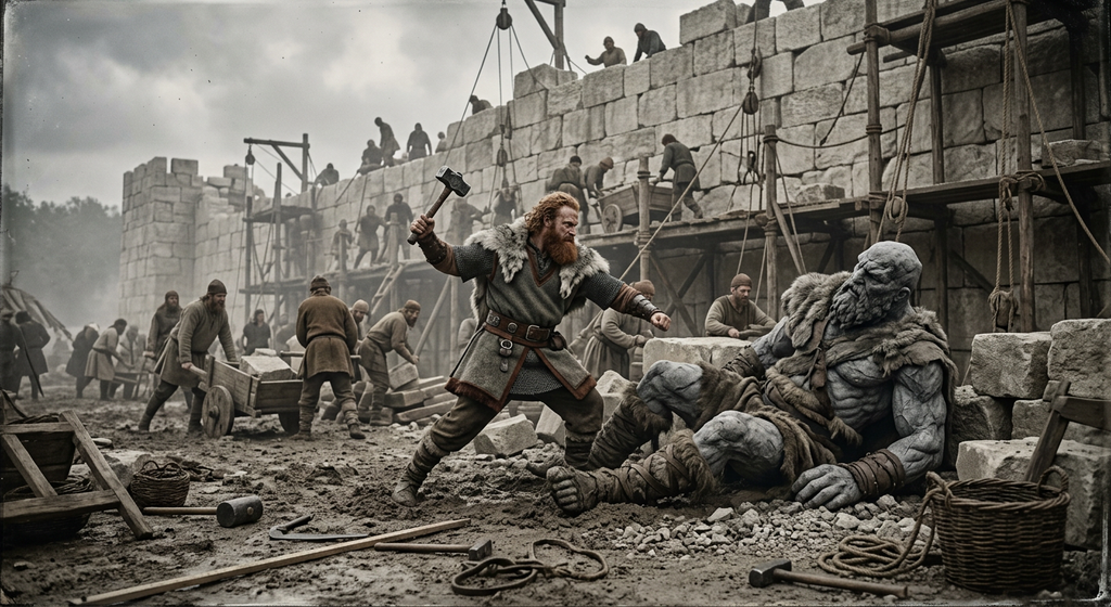A red-bearded warrior strikes a giant beside a massive stone wall being built around a mountain fortress.