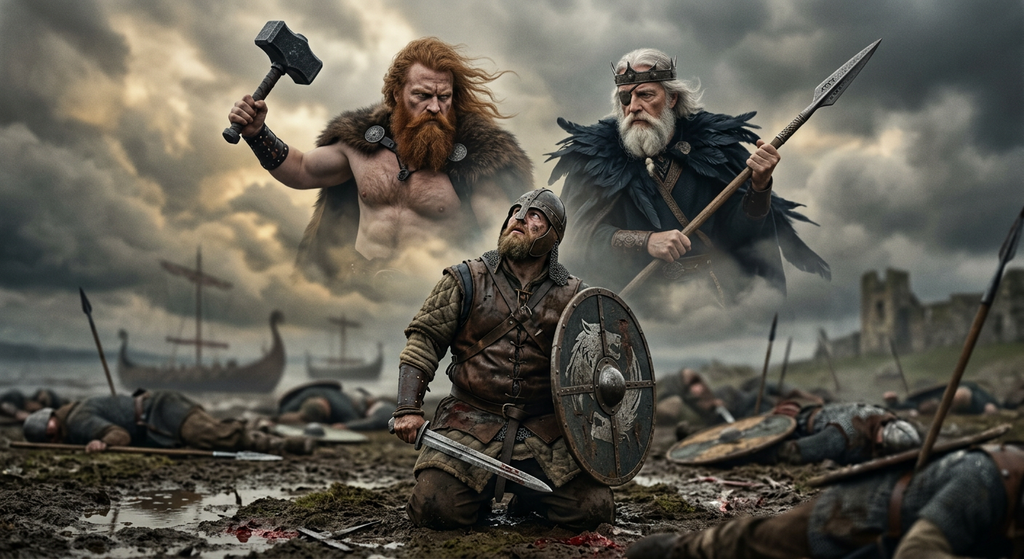 Looking down through misty clouds, two divine figures observe a battle-scarred warrior on a misty field below.