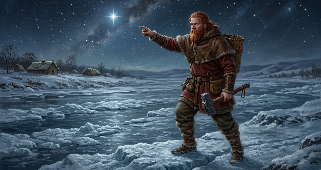 A man carrying a woven basket crosses a frozen ice river at night, gesturing toward a radiant star above.